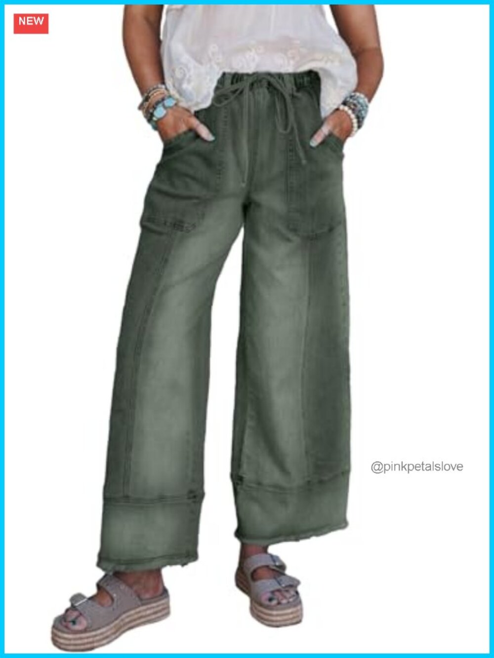 Wide Leg High Waisted Baggy Stretchy Drawstring Denim Jeans Raw Hem Pockets